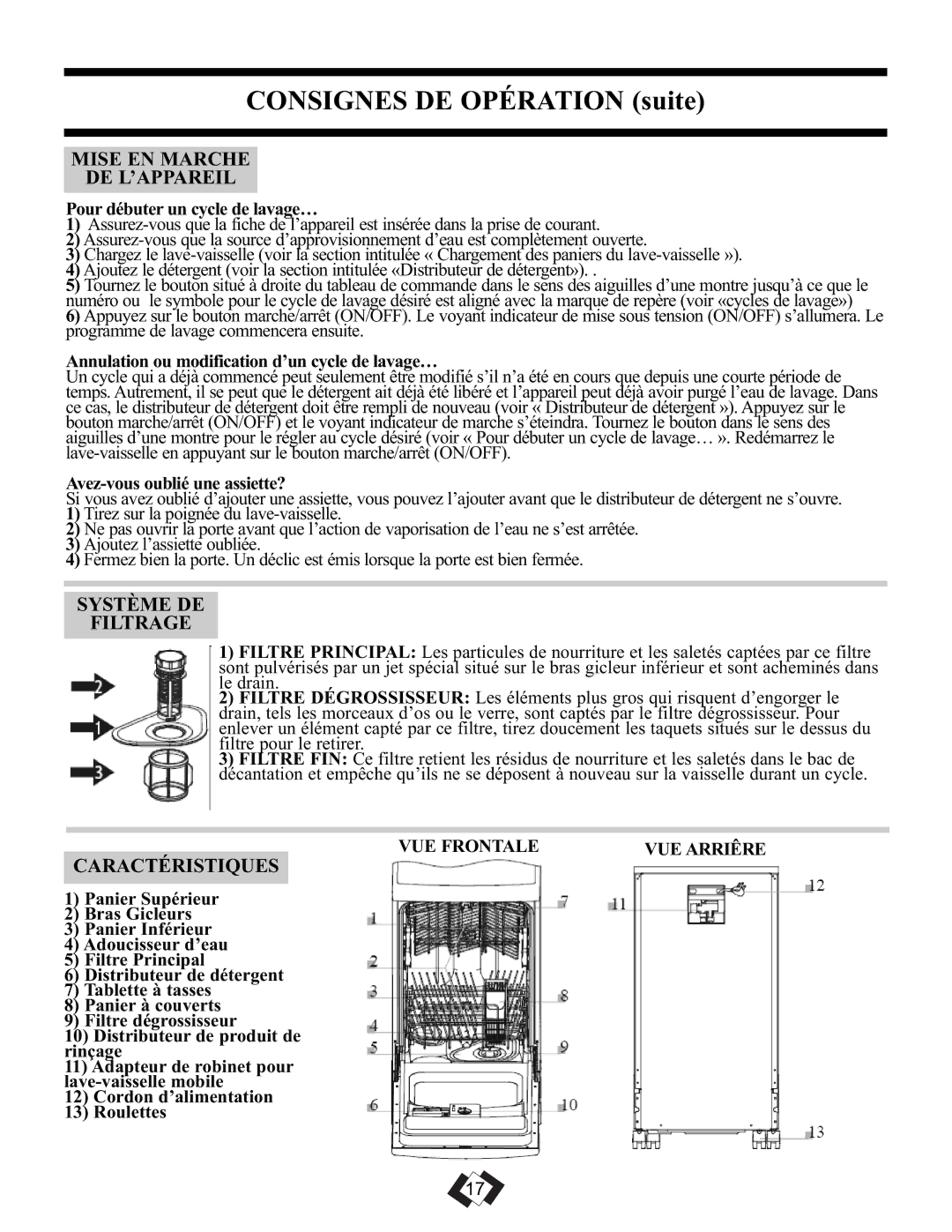 Danby DDW1899WP-1 operating instructions Mise EN Marche DE L’APPAREIL, Système DE Filtrage, Caractéristiques, VUE Frontale 