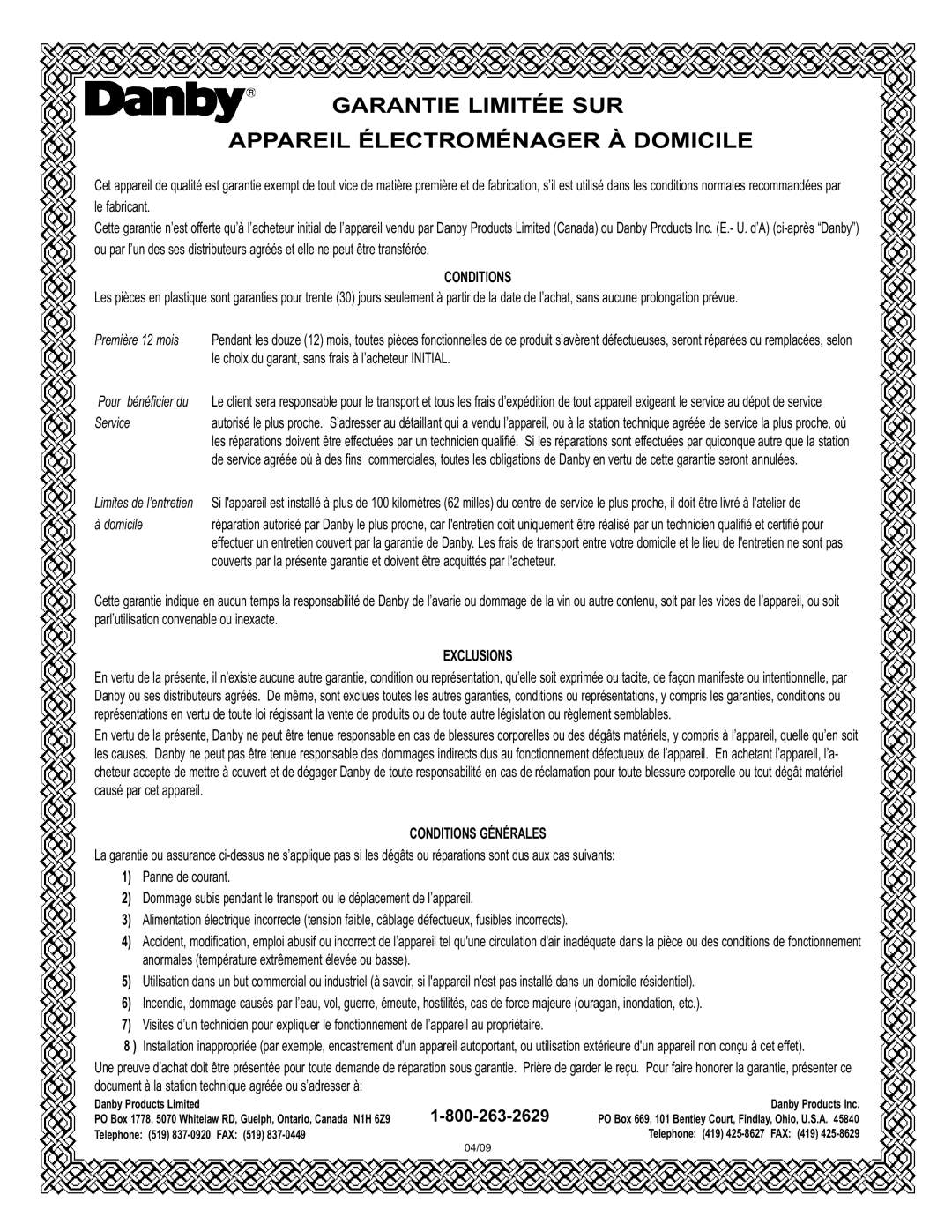 Danby DDW1899WP-1 operating instructions Garantie Limitée SUR Appareil Électroménager À Domicile 