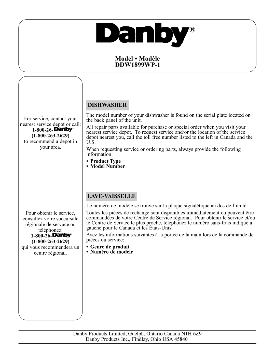 Danby DDW1899WP-1 operating instructions 800-26, Product Type Model Number, Genre de produit Numéro de modèle 