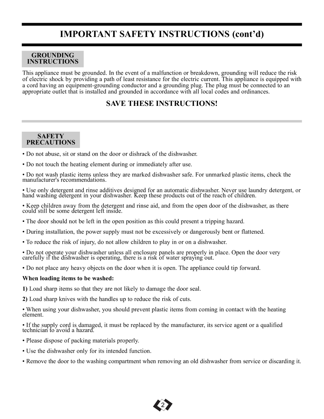 Danby DDW1899WP-1 operating instructions Important Safety Instructions cont’d, Grounding Instructions, Safety Precautions 