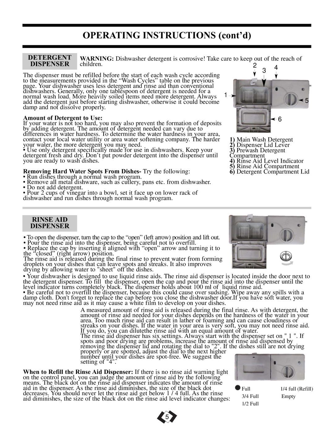 Danby DDW1899WP-1 operating instructions Detergent Dispenser, Rinse AID Dispenser, Amount of Detergent to Use 