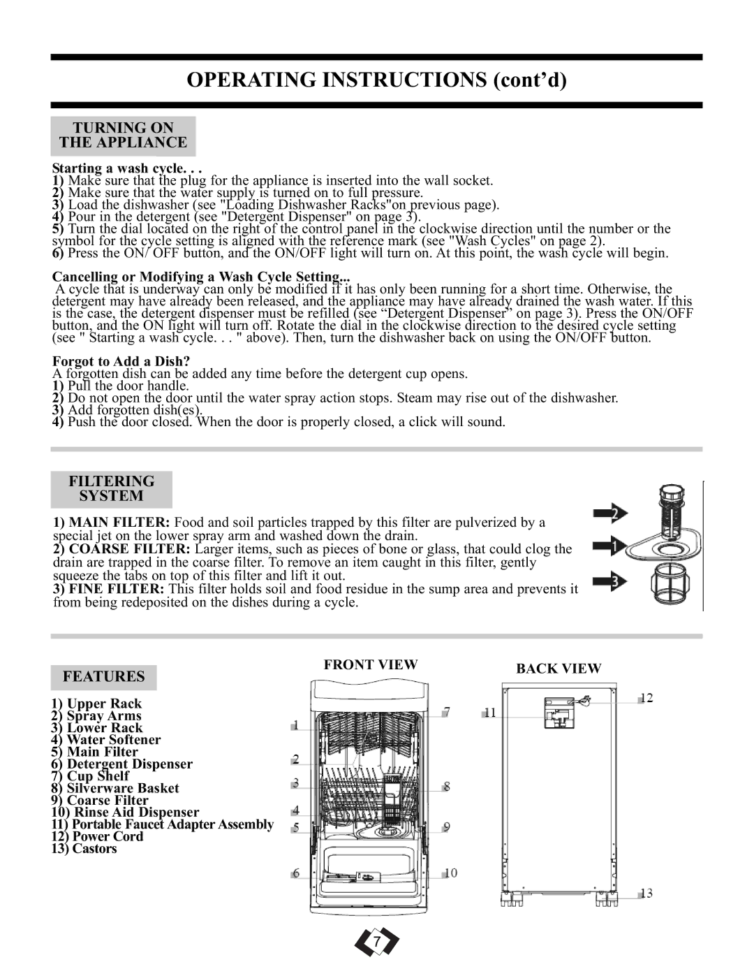 Danby DDW1899WP-1 operating instructions Turning on Appliance, Filtering System, Features, Front View Back View 