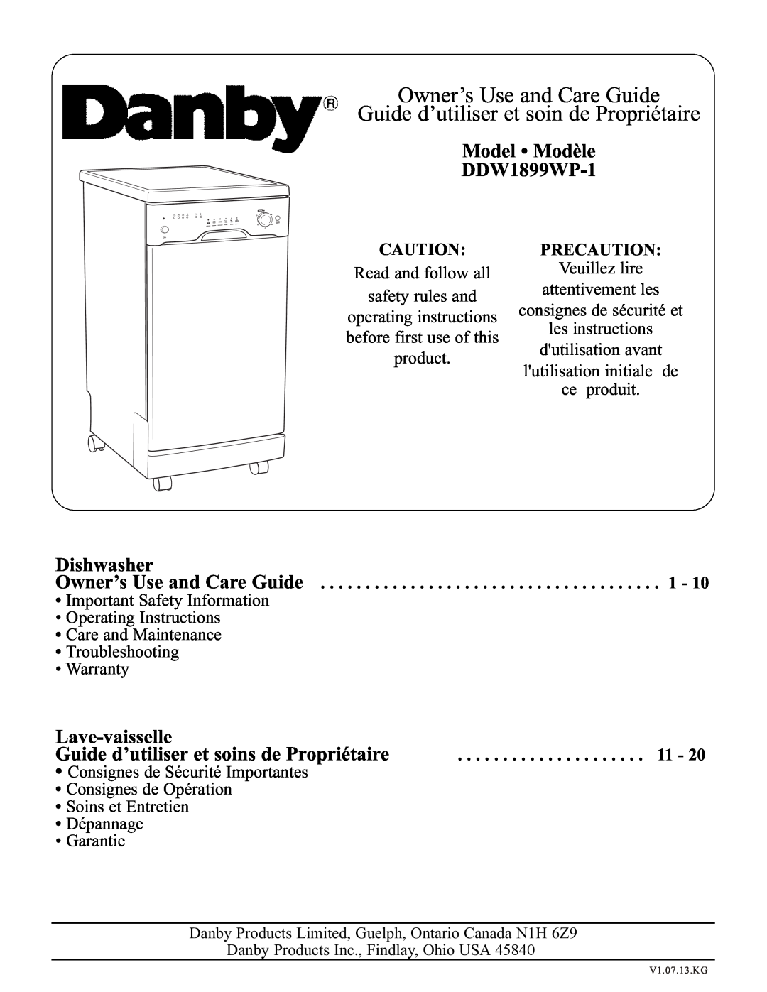 Danby DDW1899WP-1 operating instructions Precaution, Owner’s Use and Care Guide Guide d’utiliser et soin de Propriétaire 