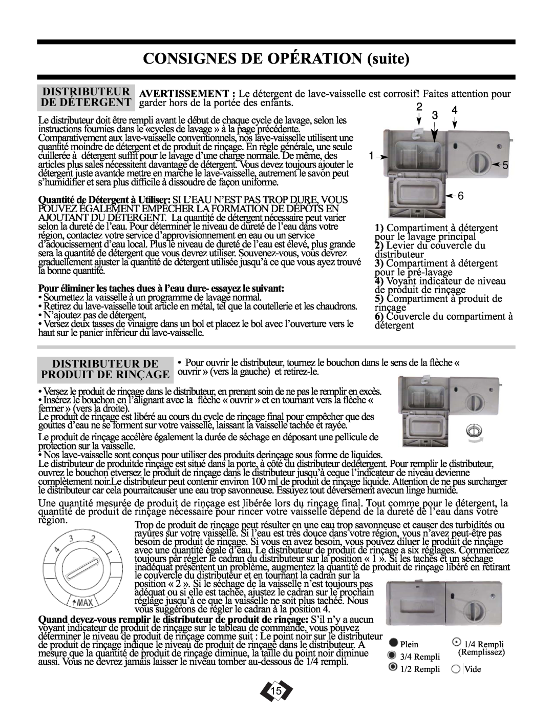 Danby DDW1899WP-1 operating instructions CONSIGNES DE OPÉRATION suite, Distributeur De, Produit De Rinçage 