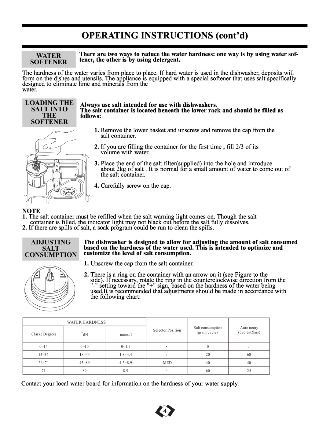 Danby DDW1899WP-1 OPERATING INSTRUCTIONS cont’d, Water, Loading The Salt Into The Softener, Adjusting, Consumption 