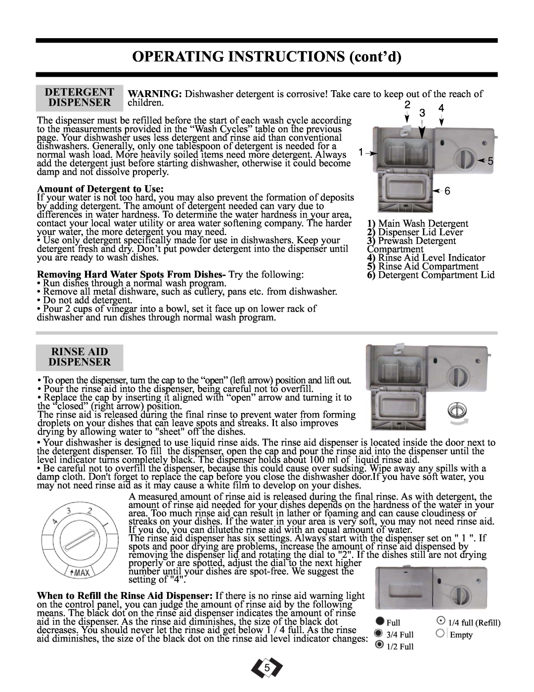 Danby DDW1899WP-1 OPERATING INSTRUCTIONS cont’d, Rinse Aid Dispenser, Amount of Detergent to Use 