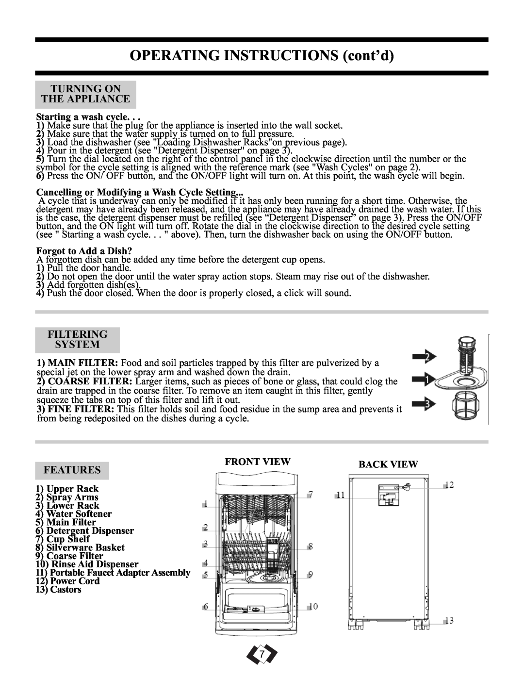 Danby DDW1899WP-1 OPERATING INSTRUCTIONS cont’d, Turning On The Appliance, Filtering System, Features 