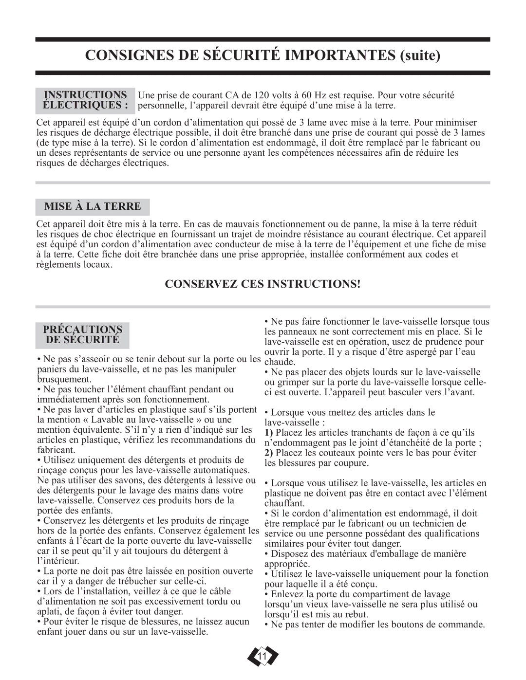 Danby DDW1899WP manual Consignes DE Sécurité Importantes suite, Mise À LA Terre, Précautions DE Sécurité 