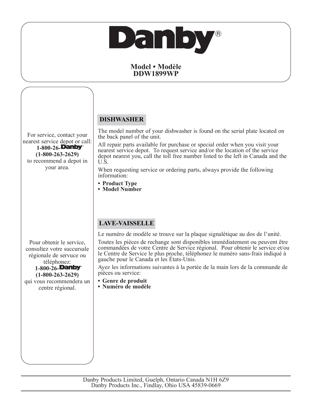 Danby DDW1899WP manual 800-26, Product Type Model Number, Genre de produit Numéro de modèle 