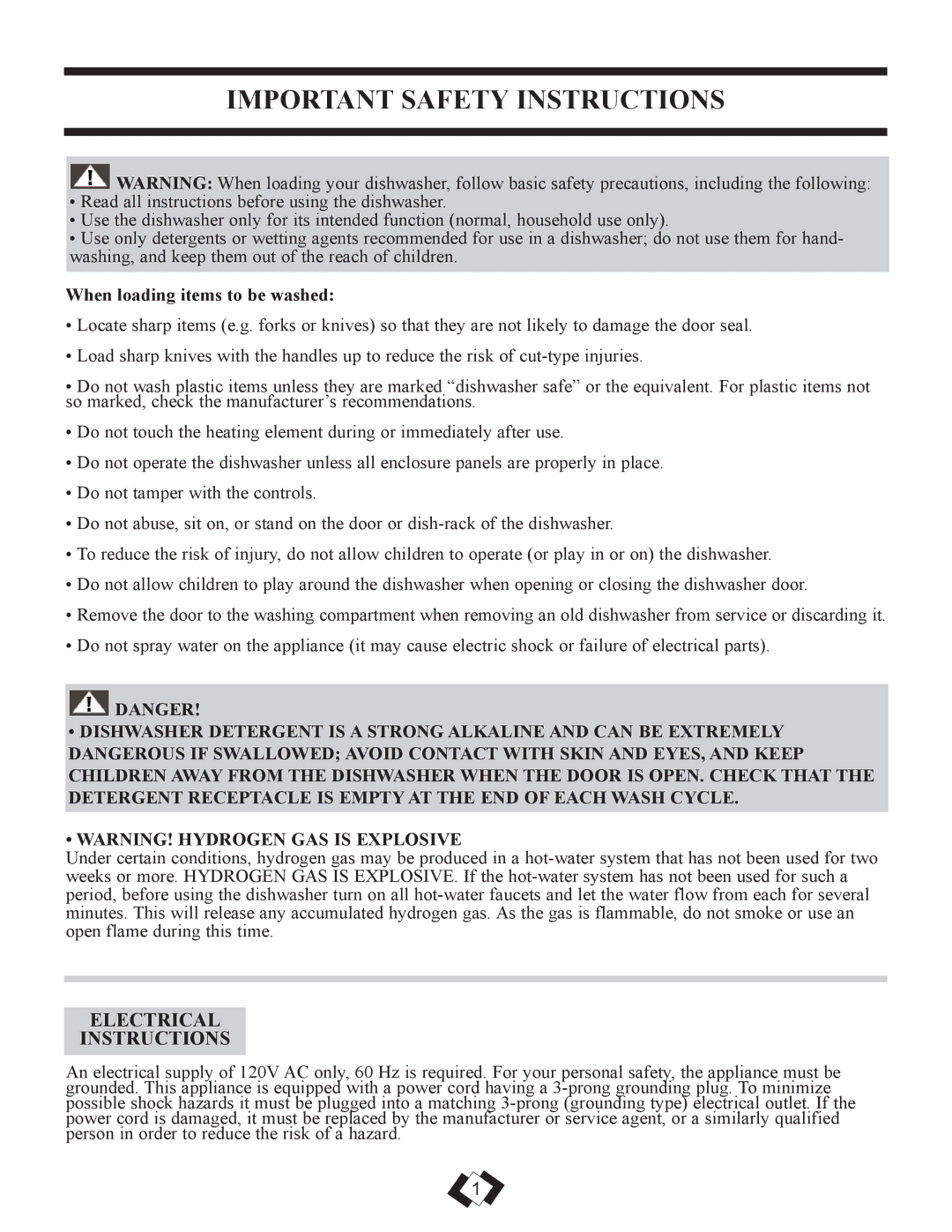 Danby DDW1899WP manual Important Safety Instructions, Electrical Instructions, When loading items to be washed 