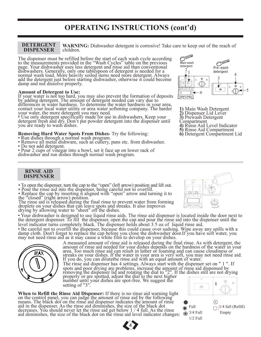 Danby DDW1899WP manual Operating Instructions cont’d, Detergent Dispenser, Rinse AID Dispenser 