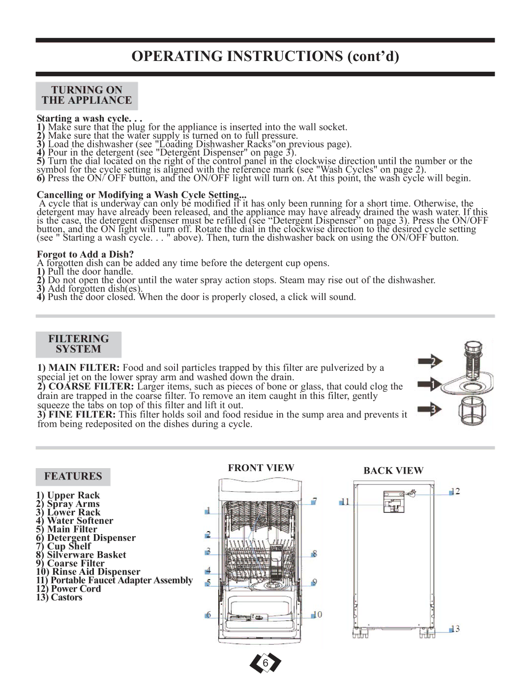 Danby DDW1899WP manual Turning on Appliance, Filtering System, Features, Front View Back View 