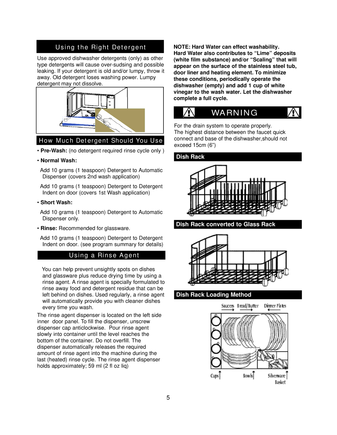 Danby DDW396W Using the Right Detergent, How Much Detergent Should You Use, Using a Rinse Agent, Normal Wash, Short Wash 