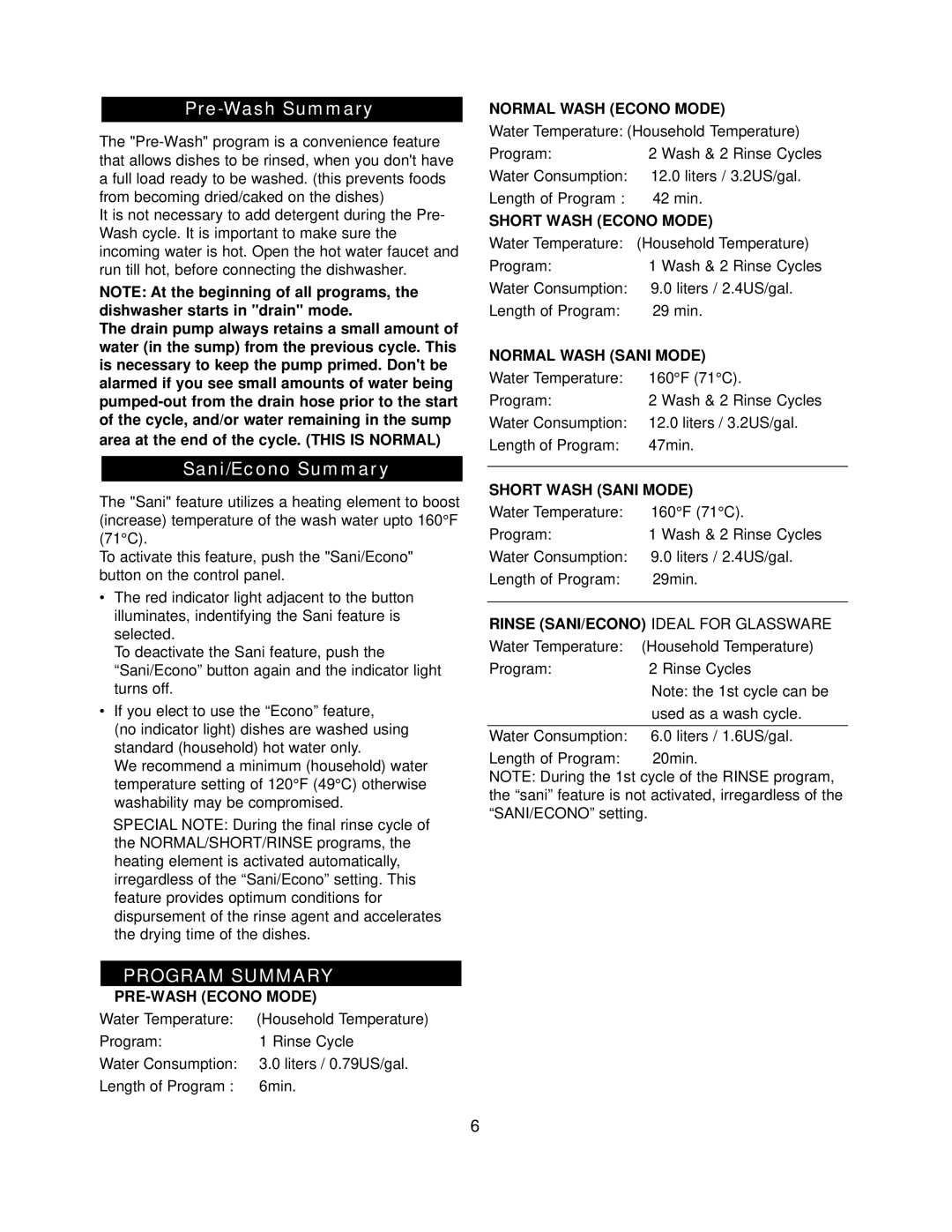 Danby DDW396W owner manual Pre-Wash Summary, Sani/Econo Summary 