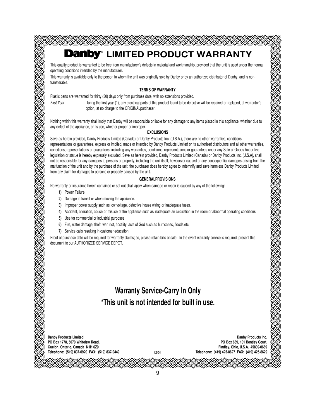 Danby DDW396W owner manual Limited Product Warranty 