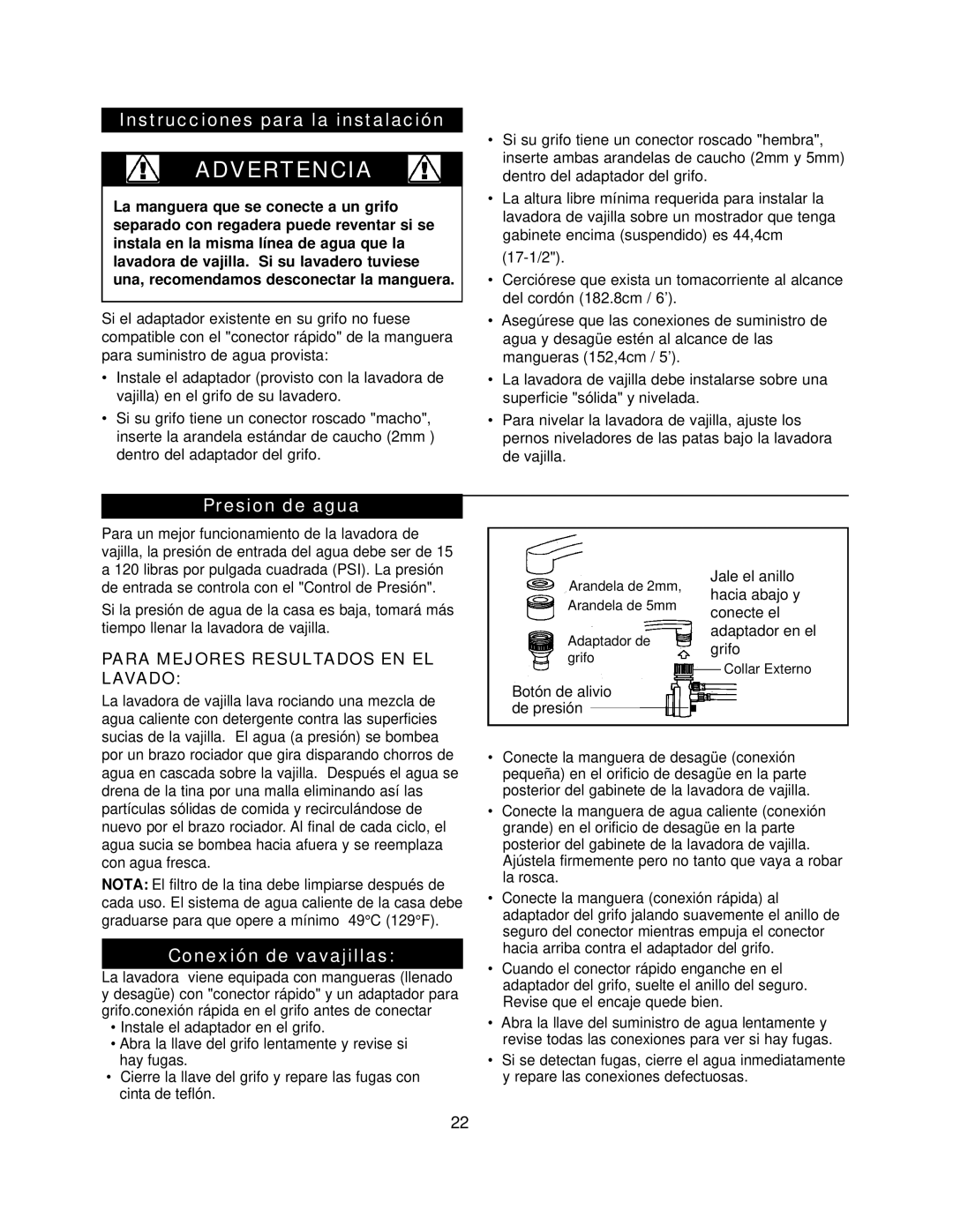 Danby DDW396W owner manual Instrucciones para la instalación, Presion de agua, Conexión de vavajillas 