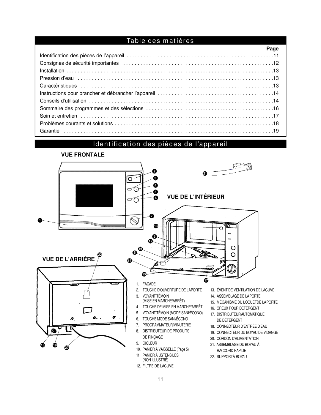 Danby DDW396W owner manual Table des matières, VUE Frontale VUE DE L’ARRIÈRE VUE DE L’INTÉRIEUR 