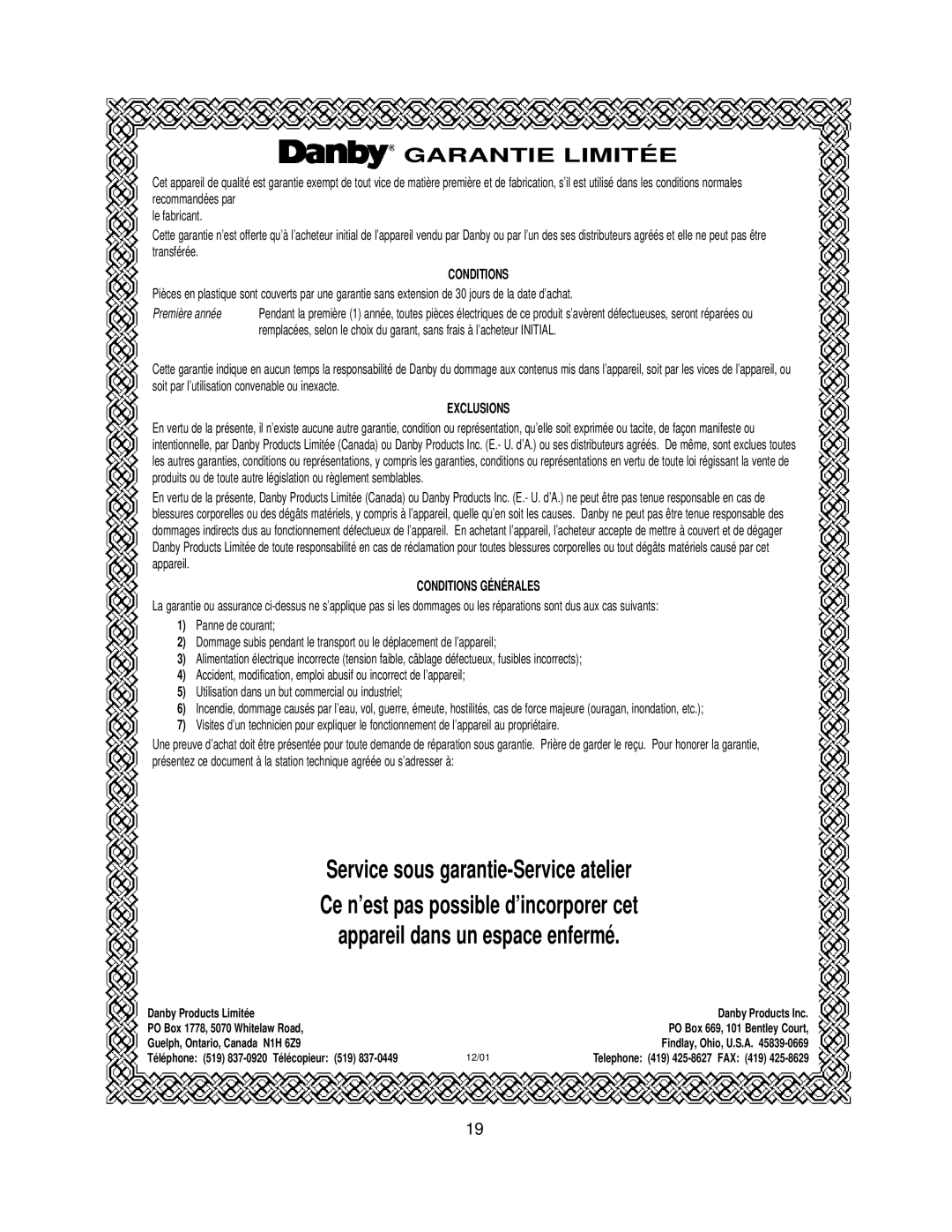 Danby DDW396W owner manual Garantie Limitée 