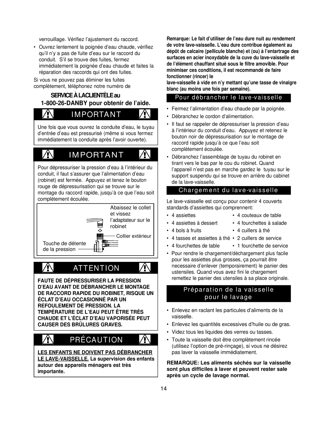 Danby DDW396W Pour débrancher le lave-vaisselle, Chargement du lave-vaisselle, Préparation de la vaisselle Pour le lavage 