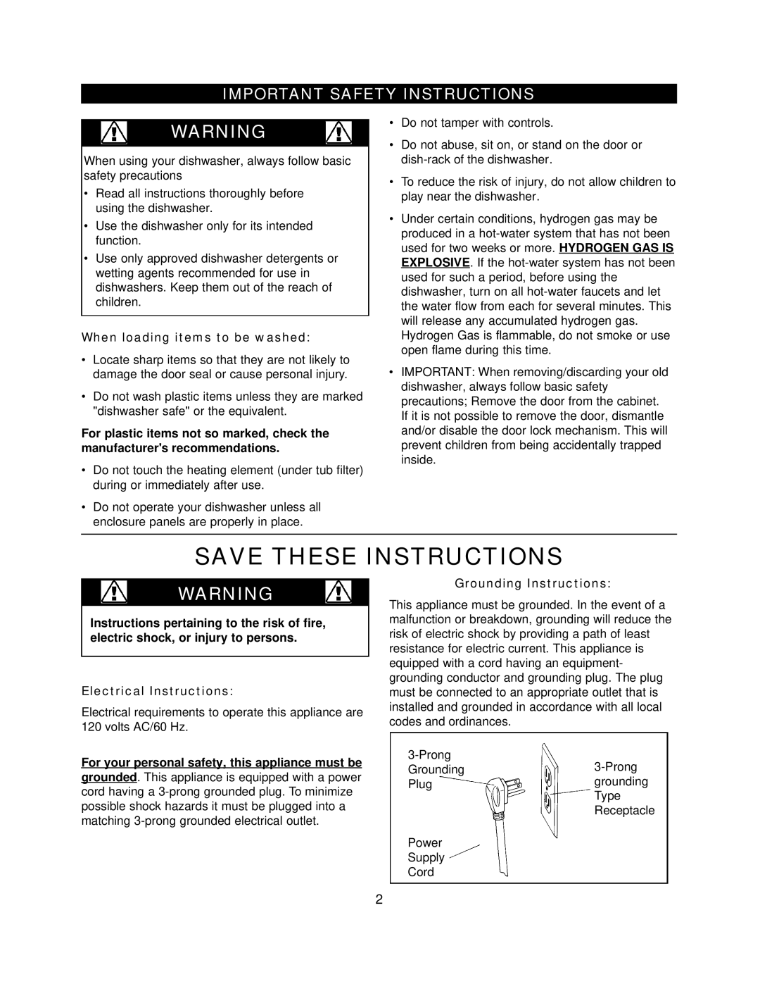Danby DDW396W owner manual Important Safety Instructions, When loading items to be washed 