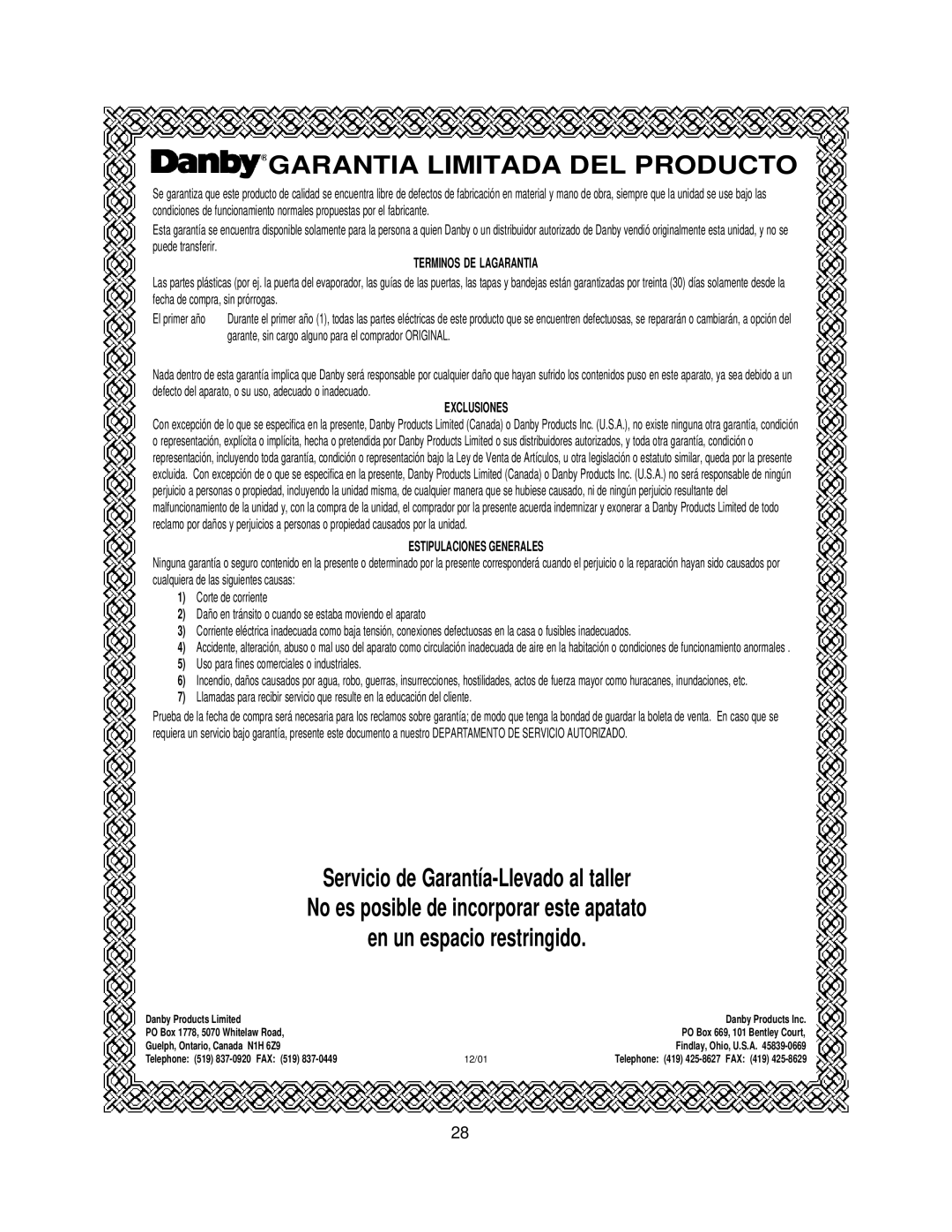 Danby DDW396W owner manual Garantia Limitada DEL Producto 