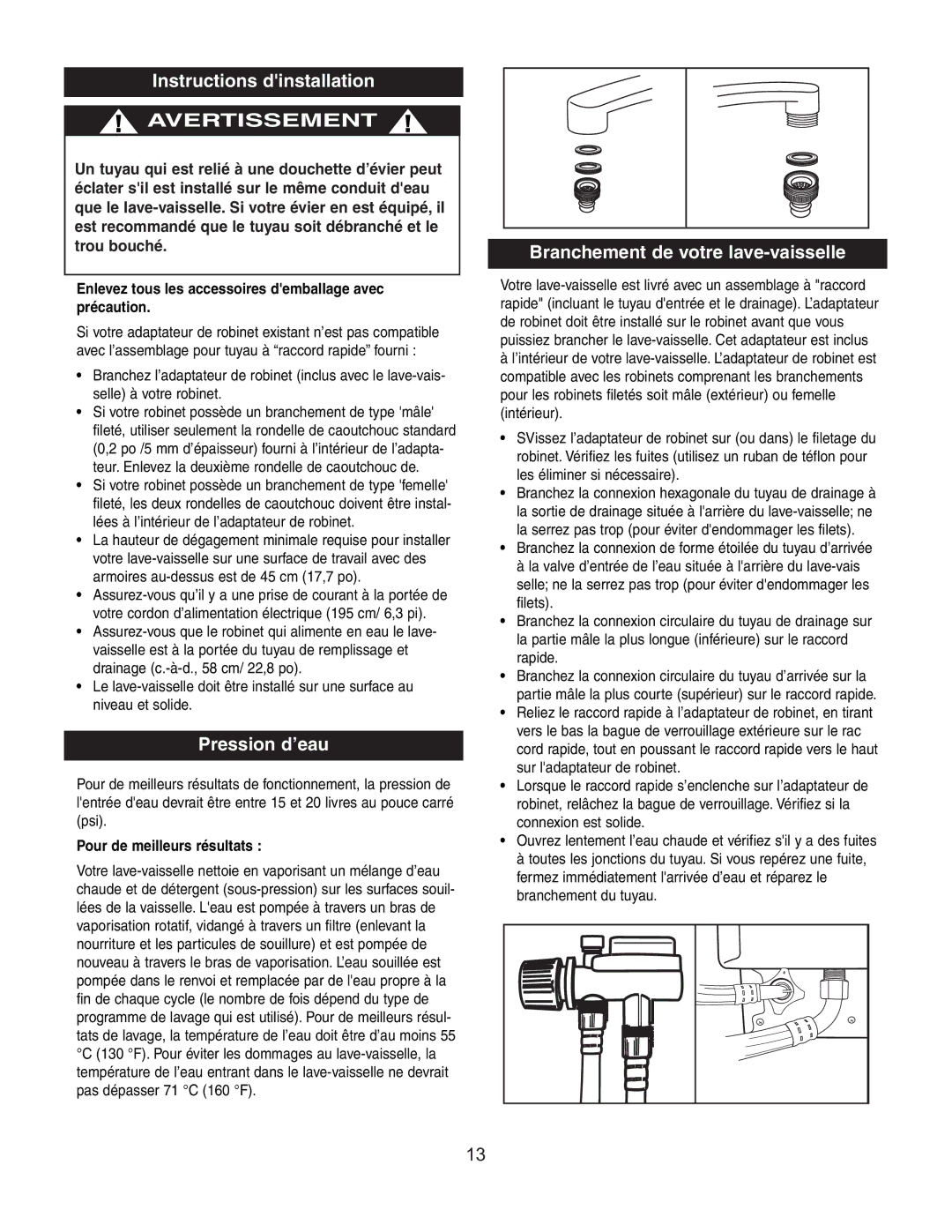 Danby DDW497W owner manual Instructions dinstallation, Pression d’eau, Branchement de votre lave-vaisselle 