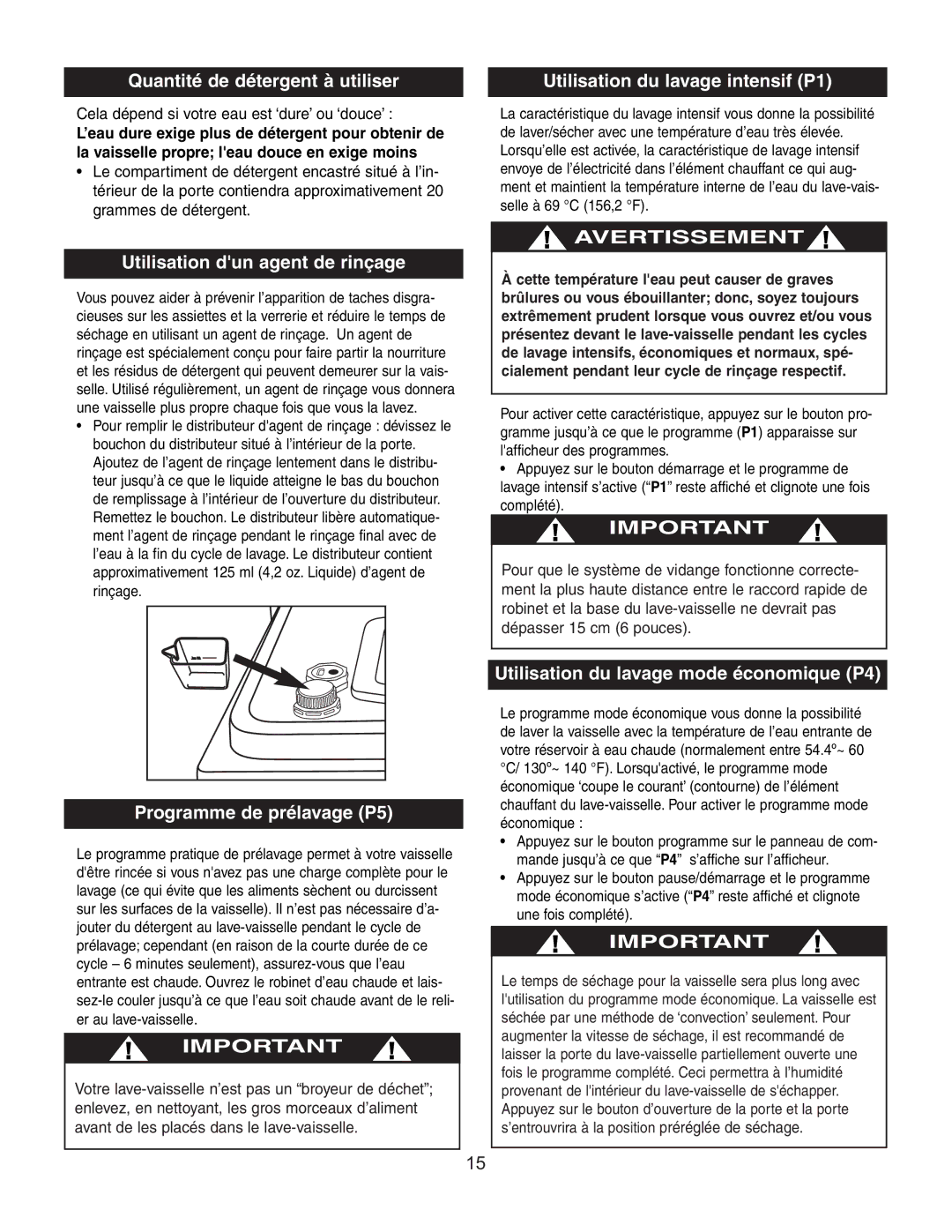 Danby DDW497W owner manual Quantité de détergent à utiliser, Utilisation dun agent de rinçage, Programme de prélavage P5 