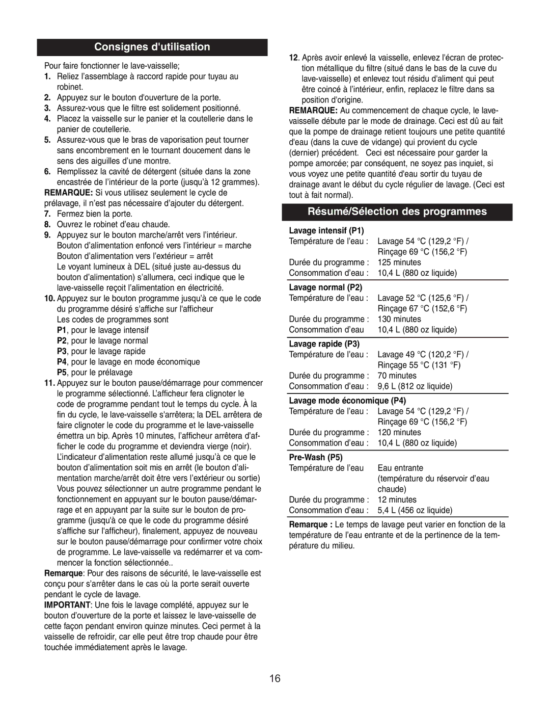 Danby DDW497W owner manual Consignes dutilisation, Résumé/Sélection des programmes 