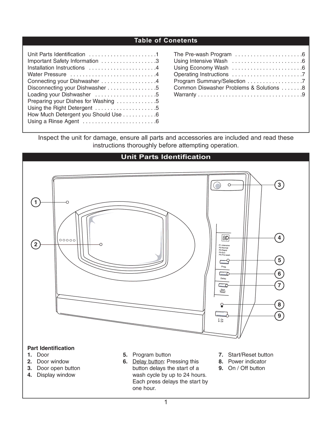 Danby DDW497W owner manual Table of Conetents, Part Identification 