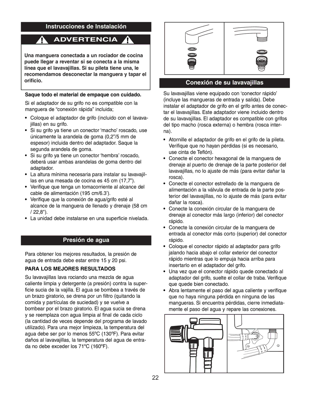 Danby DDW497W owner manual Instrucciones de Instalación, Presión de agua, Conexión de su lavavajillas 