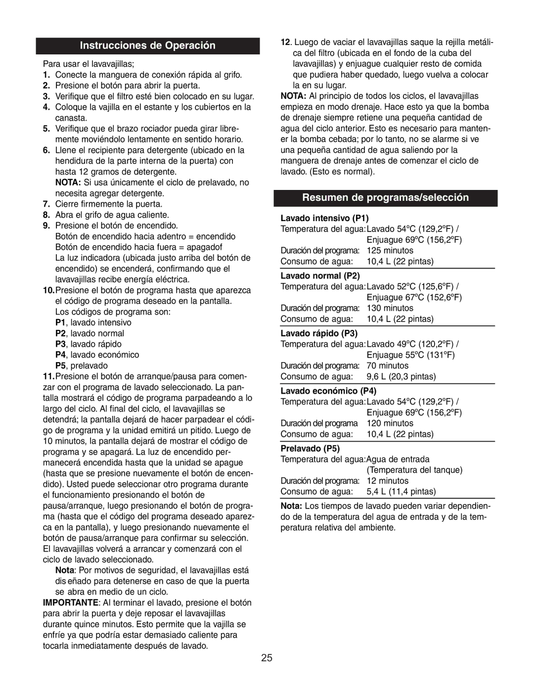 Danby DDW497W owner manual Instrucciones de Operación, Resumen de programas/selección 