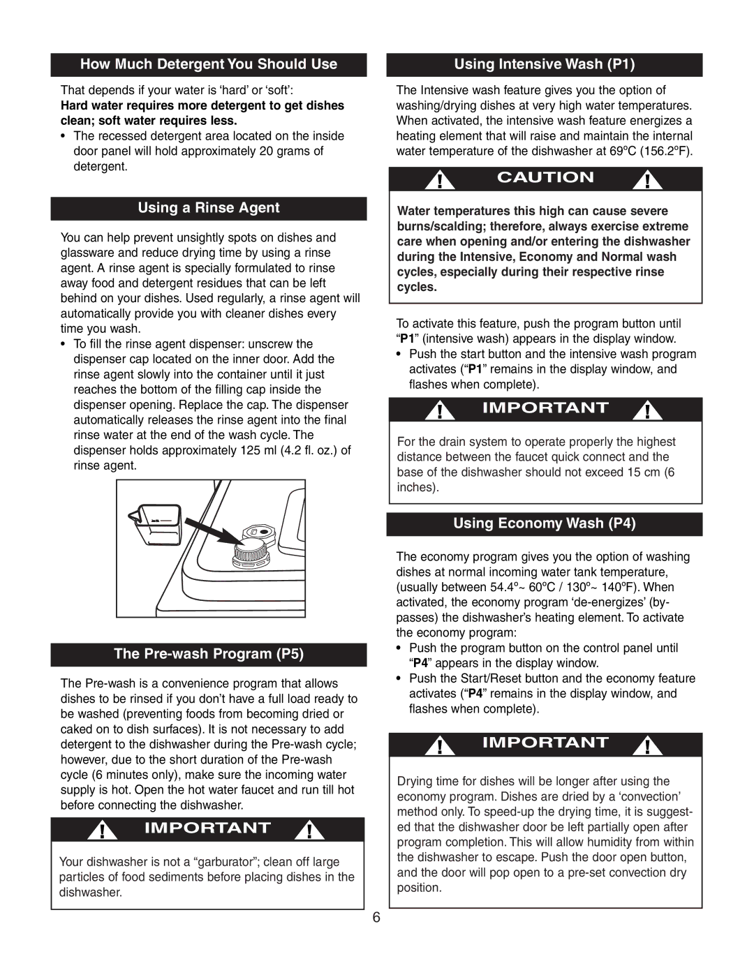 Danby DDW497W How Much Detergent You Should Use, Using a Rinse Agent, Pre-wash Program P5, Using Intensive Wash P1 