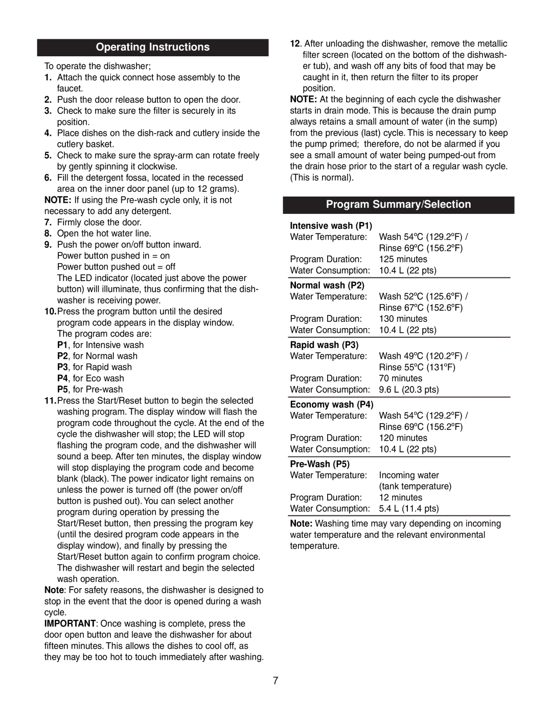 Danby DDW497W owner manual Operating Instructions, Program Summary/Selection 