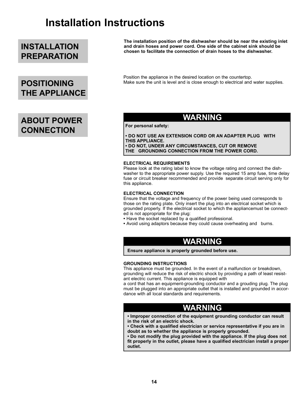 Danby DDW611WLED manual Installation Instructions, For personal safety, Electrical Connection, Grounding Instructions 