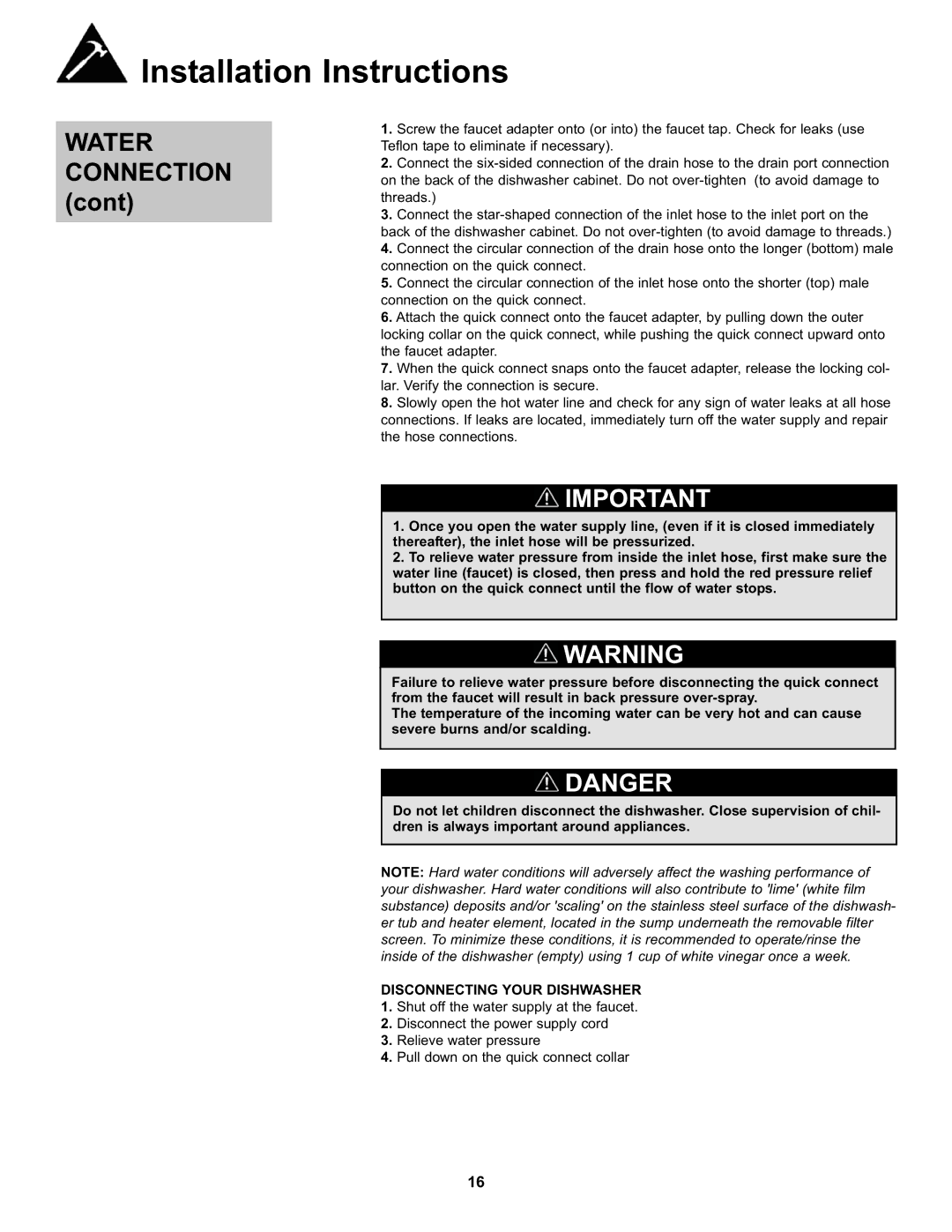 Danby DDW611WLED manual Water Connection, Disconnecting Your Dishwasher 