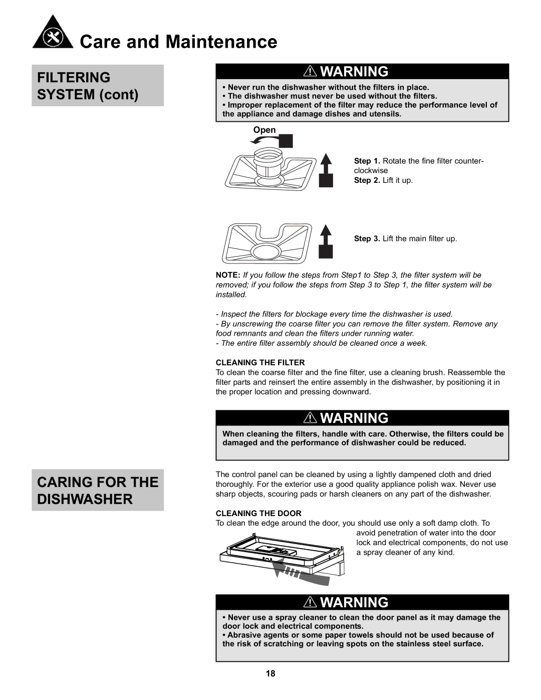 Danby DDW611WLED manual Filtering System, CARING FOR THE Dishwasher, Open, Cleaning The Filter, Cleaning The Door 