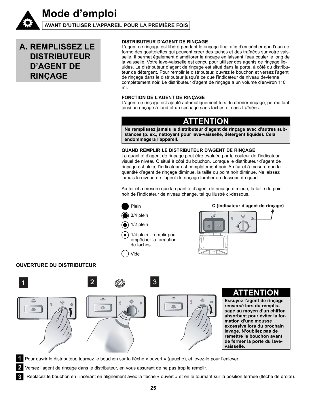 Danby DDW611WLED manual Remplissez LE Distributeur D’AGENT DE Rinçage, Fonction DE L’AGENT DE Rinçage 