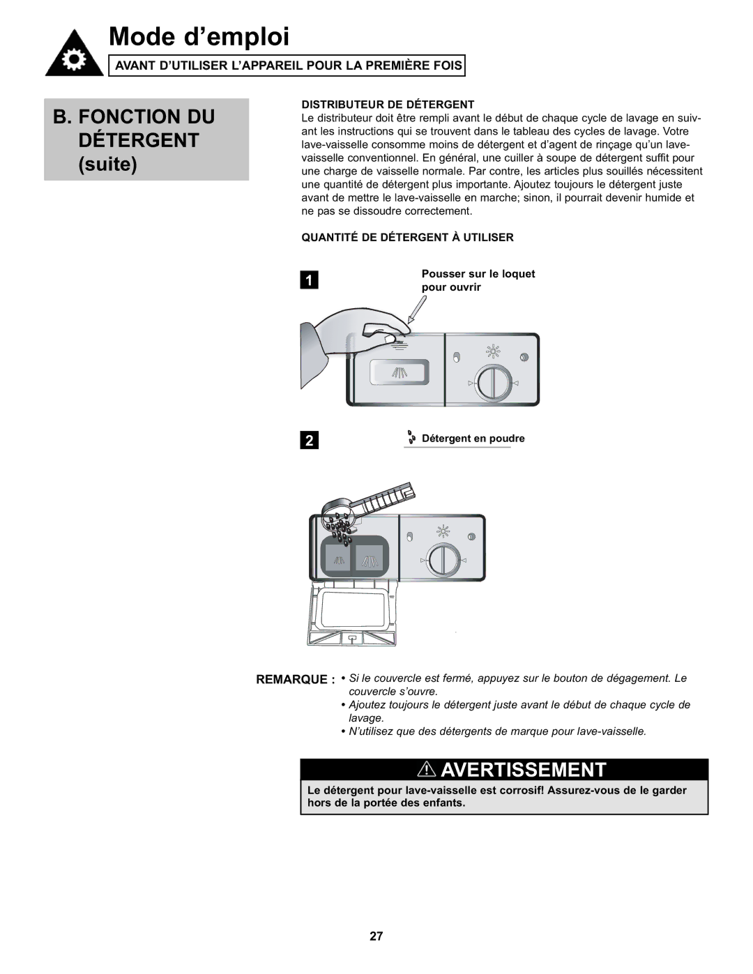 Danby DDW611WLED manual Suite, Distributeur DE Détergent, Quantité DE Détergent À Utiliser, Pour ouvrir 