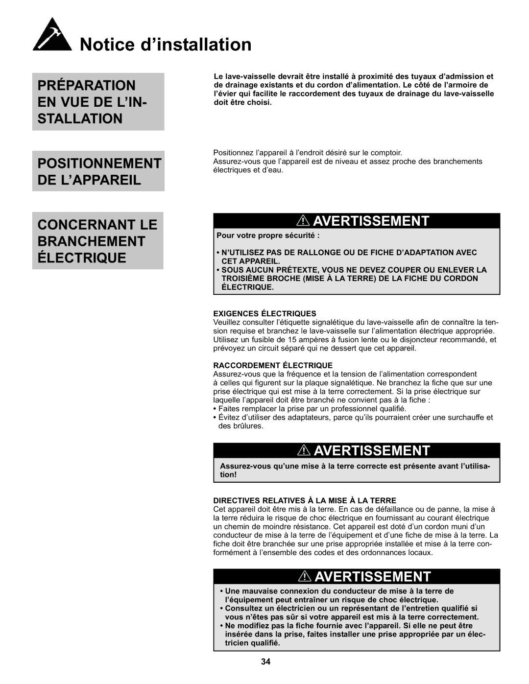 Danby DDW611WLED manual Pour votre propre sécurité, Raccordement Électrique, Directives Relatives À LA Mise À LA Terre 