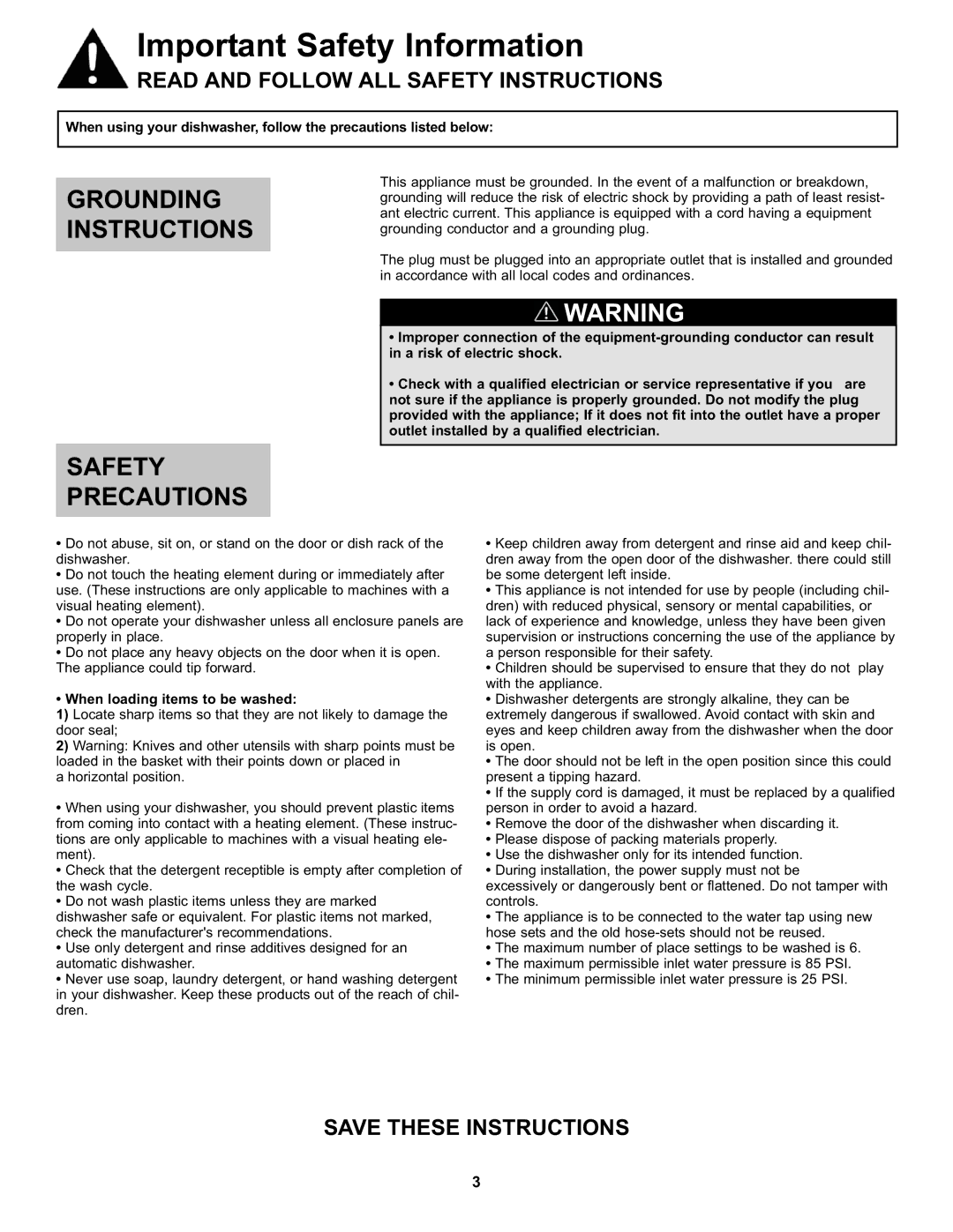 Danby DDW611WLED Important Safety Information, Grounding Instructions, Safety Precautions, When loading items to be washed 