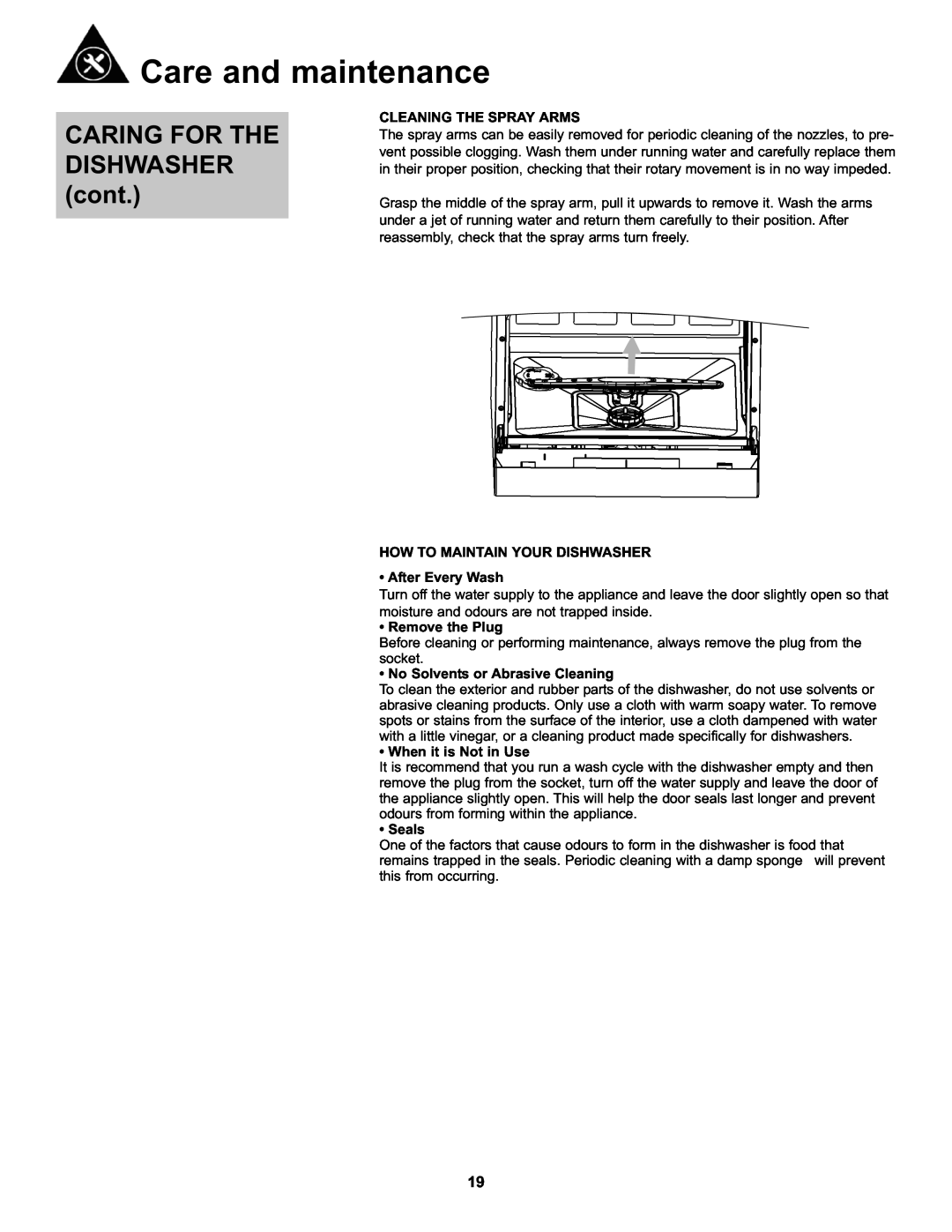 Danby DDW611WLED CARING FOR THE DISHWASHER cont, Care and maintenance, Cleaning The Spray Arms, Remove the Plug, Seals 