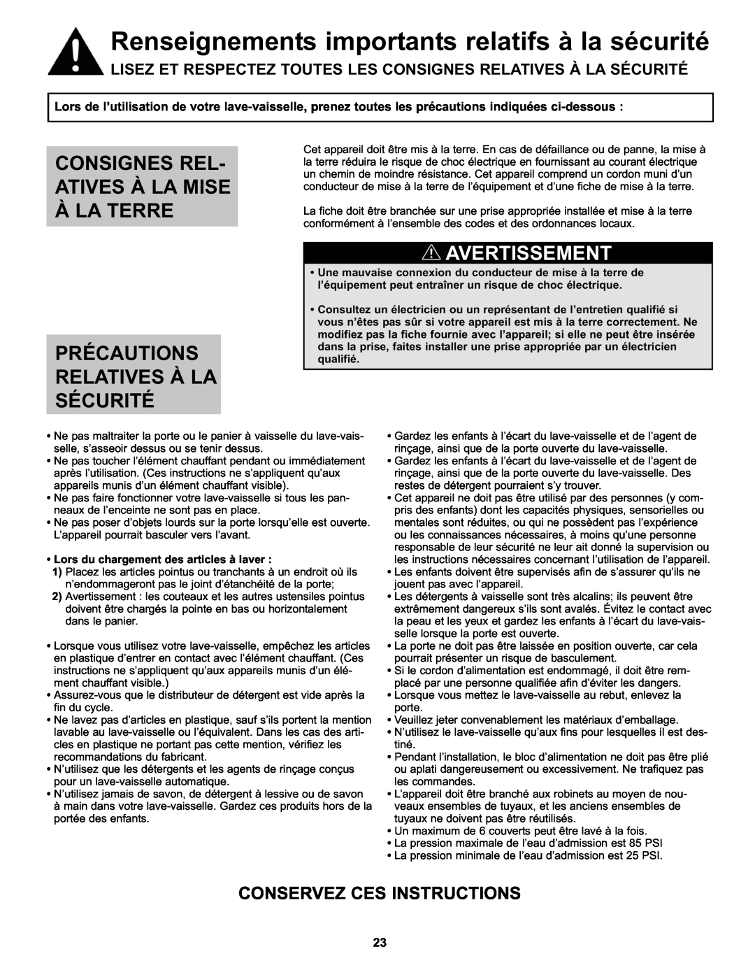 Danby DDW611WLED manual Renseignements importants relatifs à la sécurité, Consignes Rel- Atives À La Mise À La Terre 