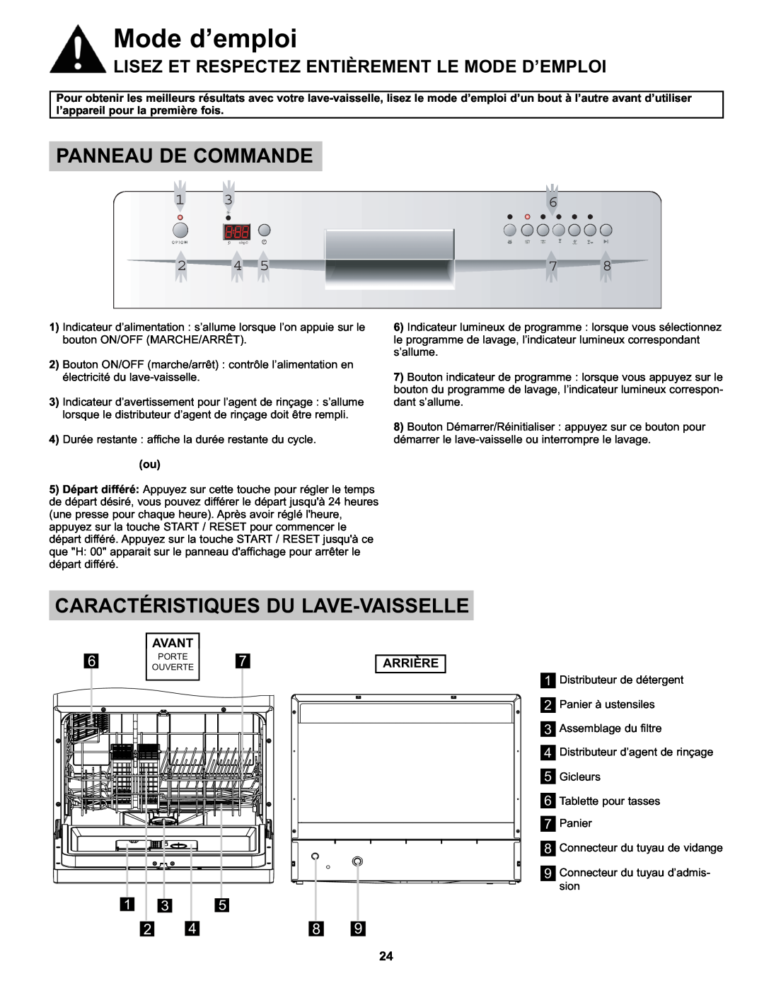 Danby DDW611WLED manual Mode d’emploi, Panneau De Commande, Caractéristiques Du Lave-Vaisselle 