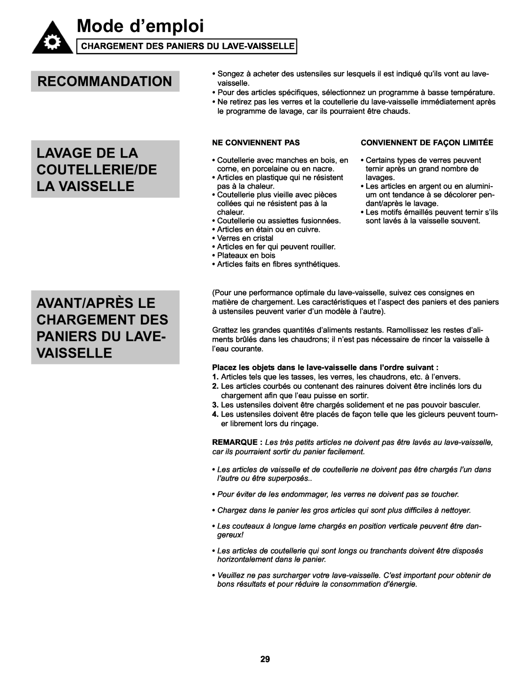 Danby DDW611WLED manual Recommandation, Lavage De La Coutellerie/De La Vaisselle, Mode d’emploi, Ne Conviennent Pas 