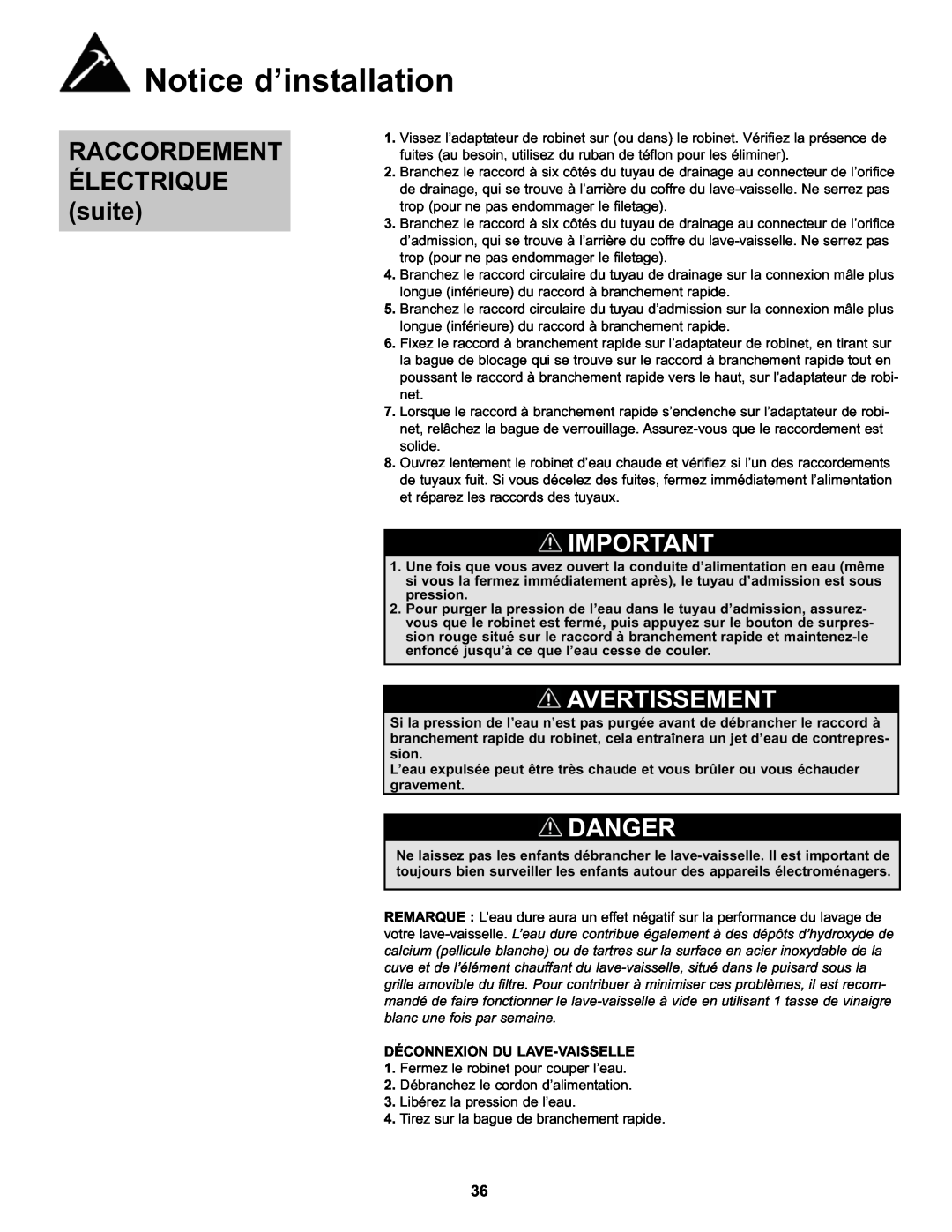 Danby DDW611WLED manual RACCORDEMENT ÉLECTRIQUE suite, Notice d’installation, Avertissement, Danger 