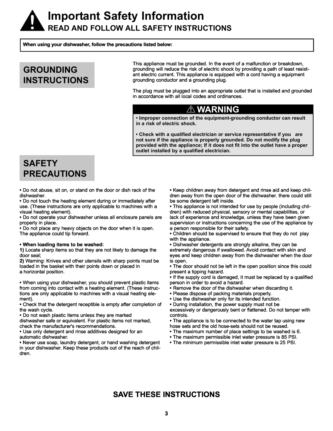 Danby DDW611WLED manual Important Safety Information, Grounding Instructions, Safety Precautions, Save These Instructions 