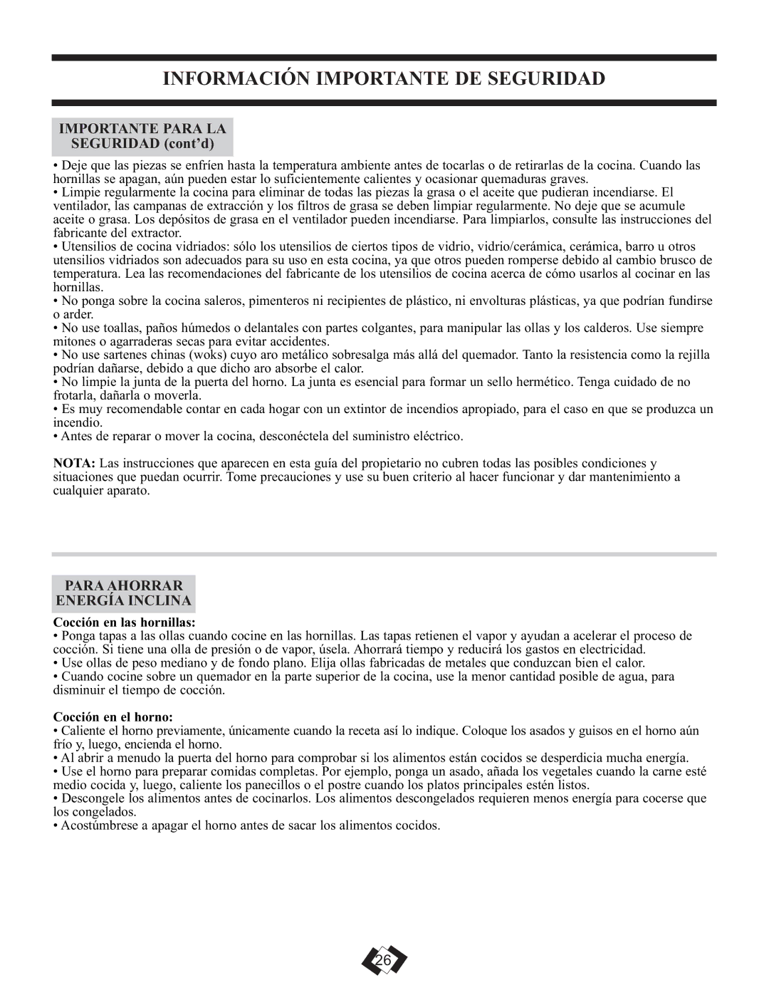 Danby DER2009W Importante Para LA, Seguridad cont’d, Para Ahorrar Energía Inclina, Cocción en las hornillas 