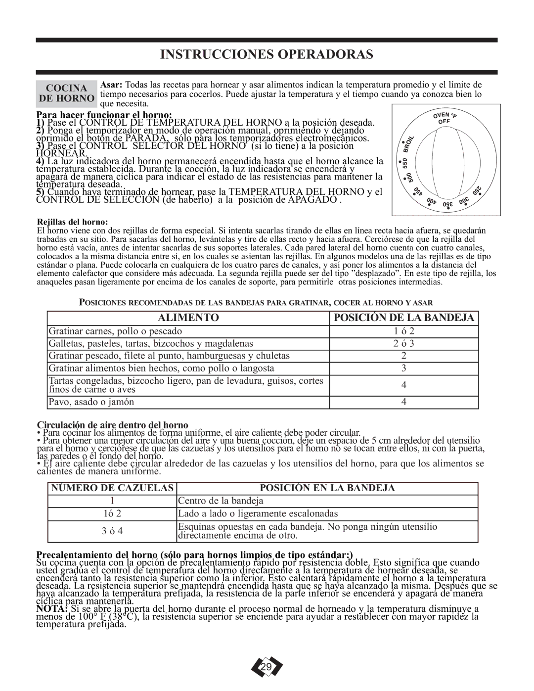 Danby DER2009W Alimento Posición DE LA Bandeja, Para hacer funcionar el horno, Circulación de aire dentro del horno 