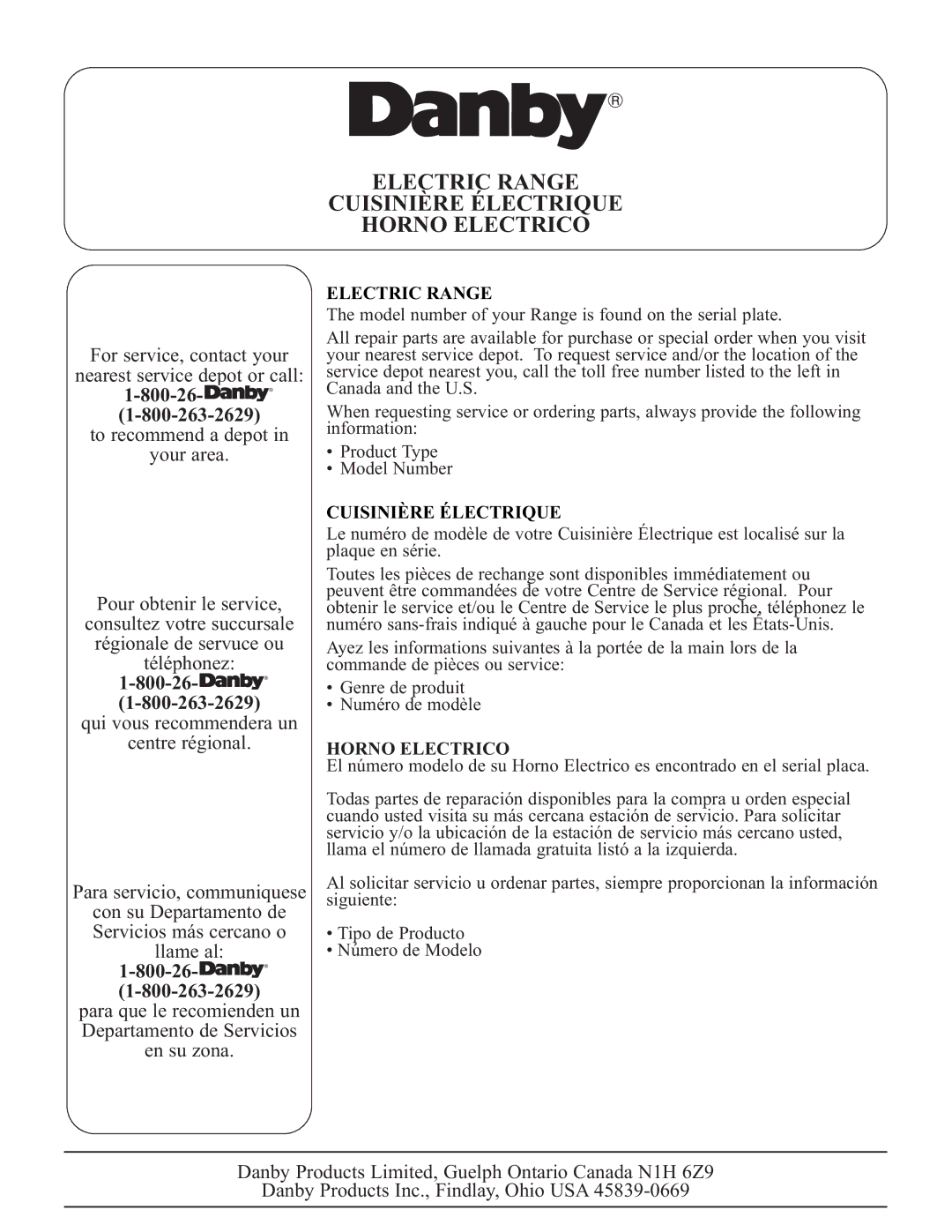 Danby DER2009W installation instructions Electric Range, Cuisinière Électrique, Horno Electrico 