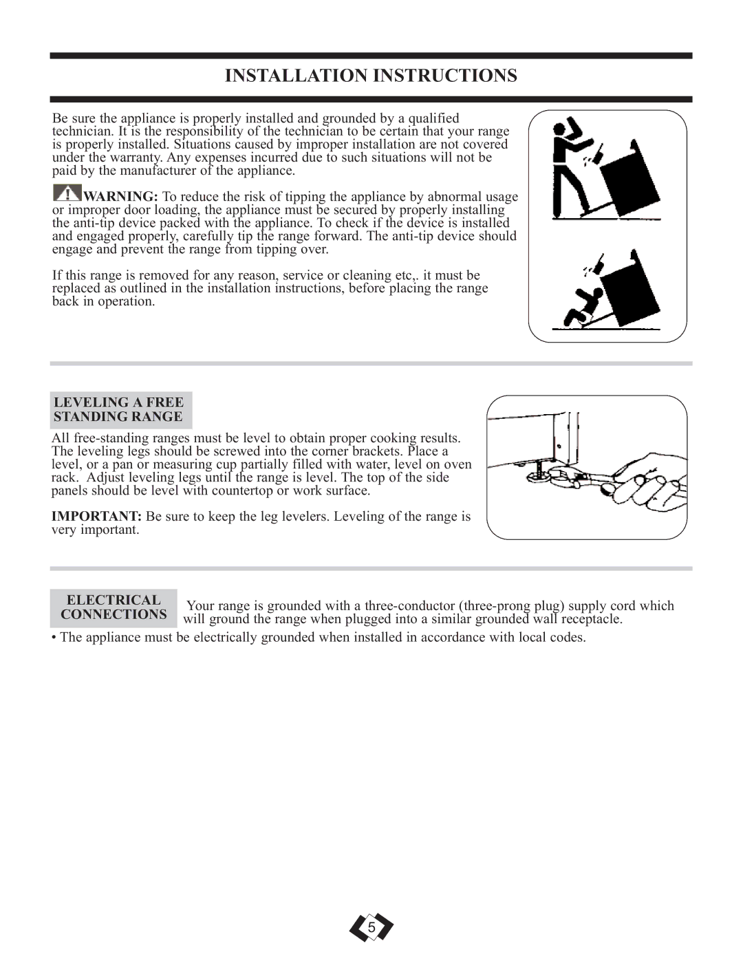 Danby DER2009W installation instructions Installation Instructions, Leveling a Free Standing Range, Electrical 